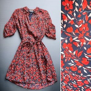 Red & Blue Floral Shirt Dress w/Matching Belt - New York & Co. - Medium